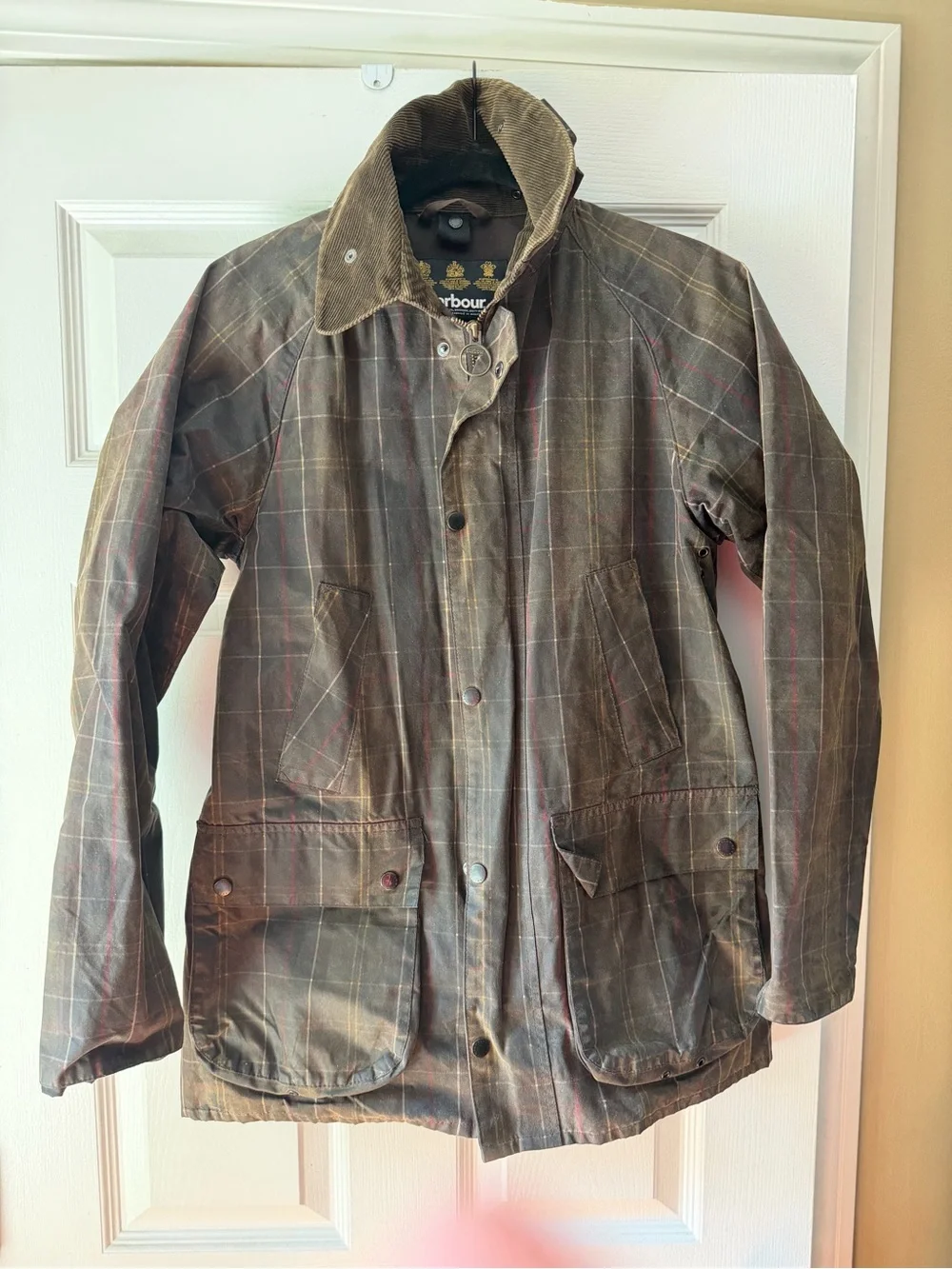 Barbour Slim Line SL Bedale Waxed Tartan Print Brown Corduroy Collar Small Rare